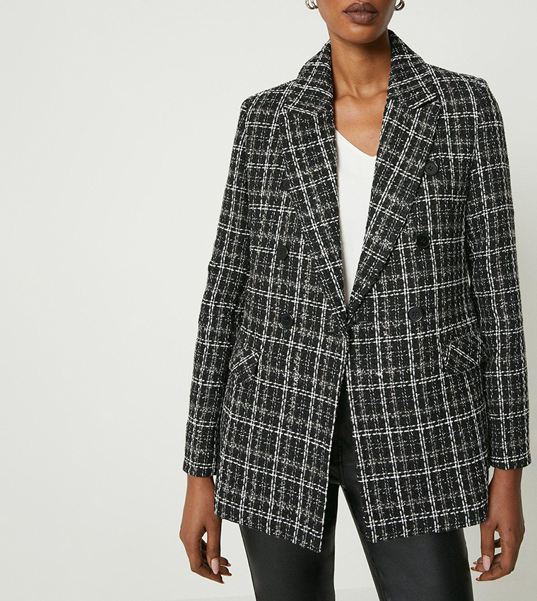 Double-Breasted Black And White Plaid Blazer
