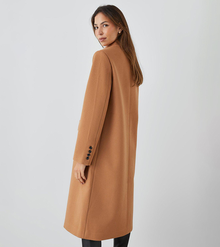 Collarless hot sale camel coat