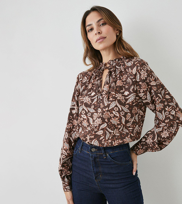 Buy Principles Floral Patterned Tie Up Neck Top In Brown | 6thStreet ...