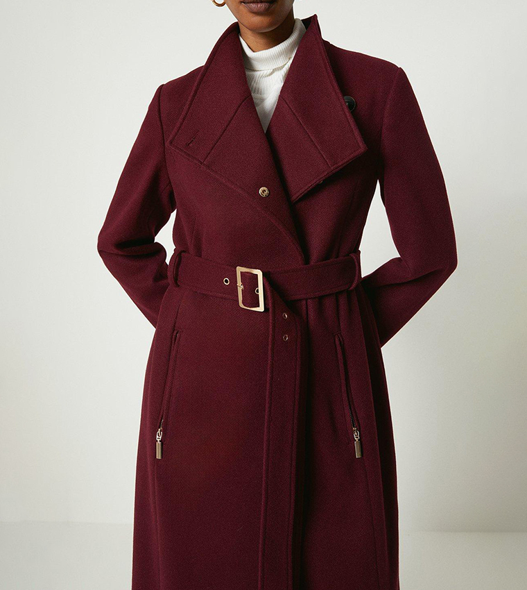 Funnel Neck Hardware Detail Belted Coat