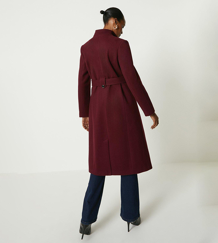 Funnel Neck Hardware Detail Belted Coat