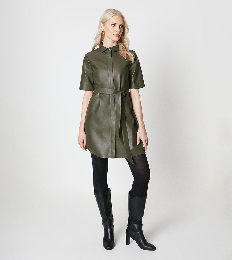 chinese dress ladies Long Sleeve Faux Leather Midi Dress Fern M