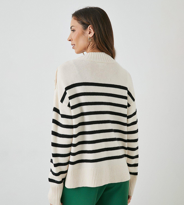 Buy Principles Striped Breton Button Detail High Neck Sweater In