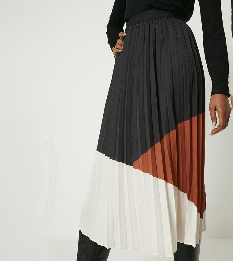 Color-Block Striped Pleated Midi Skirt