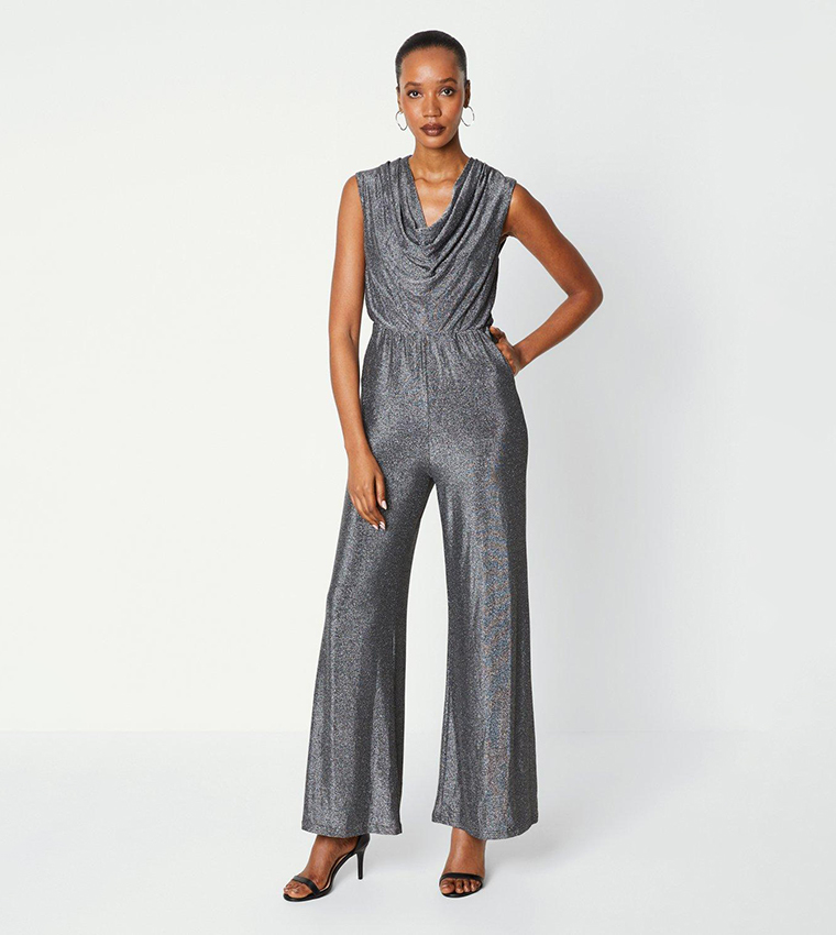 Silver Jumpsuit Glitter Overalls Stylish V Neck Long Sleeves