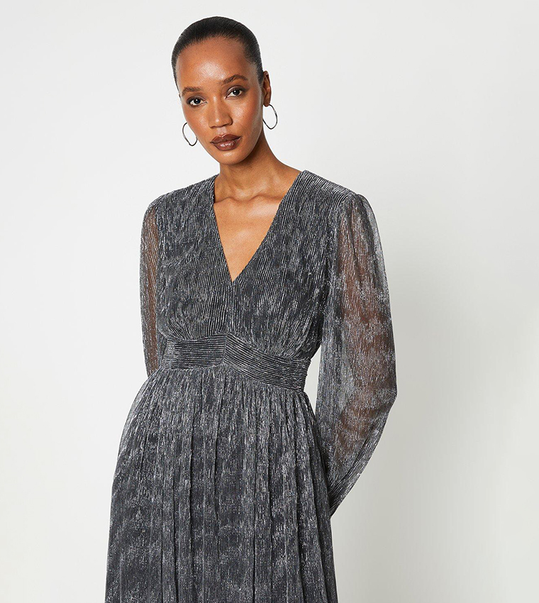 silver plisse midi dress Silver Plus Metallic Plisse Long Sleeve Column Midi Dress