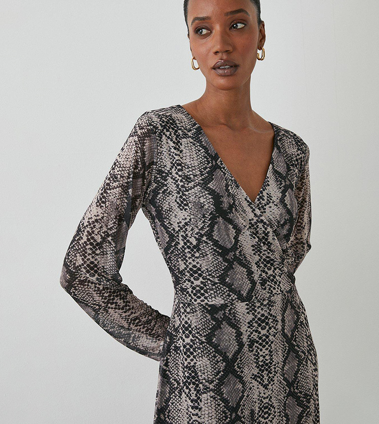 Curve long sleeve snake print buckle detail midi dress