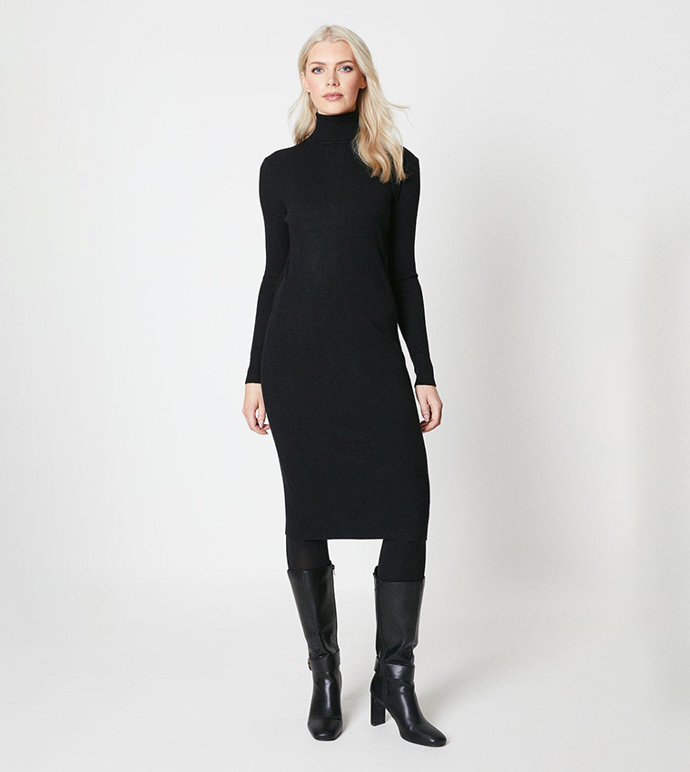 jumbo rib roll neck midi dress Black Ribbed Roll Neck Midi Dress