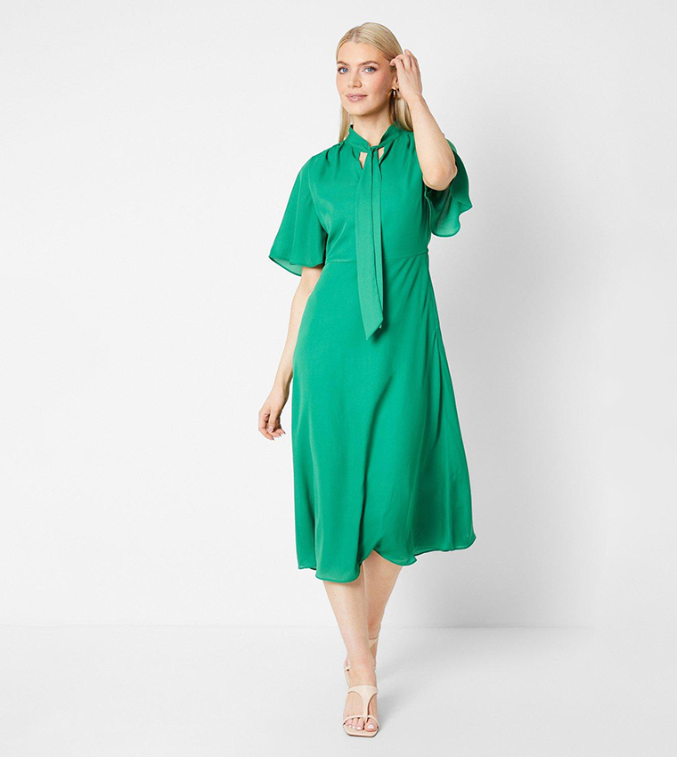 principles green dress Green Principles Tie Waist Pleated Skirt Midi Dress