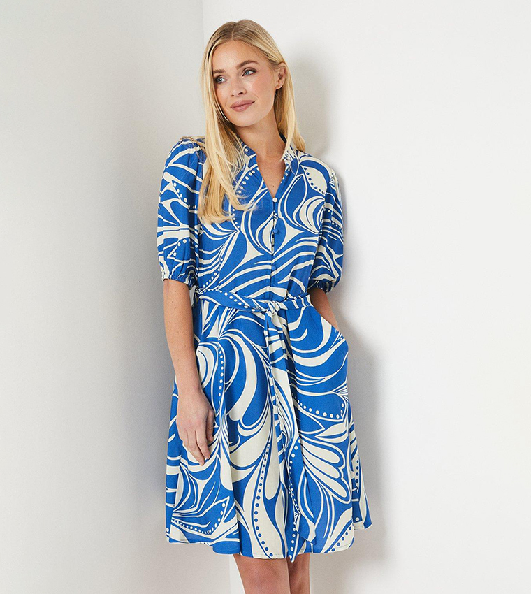 Buy Principles Petite Cobalt Abstract Puff Sleeves Mini Dress In