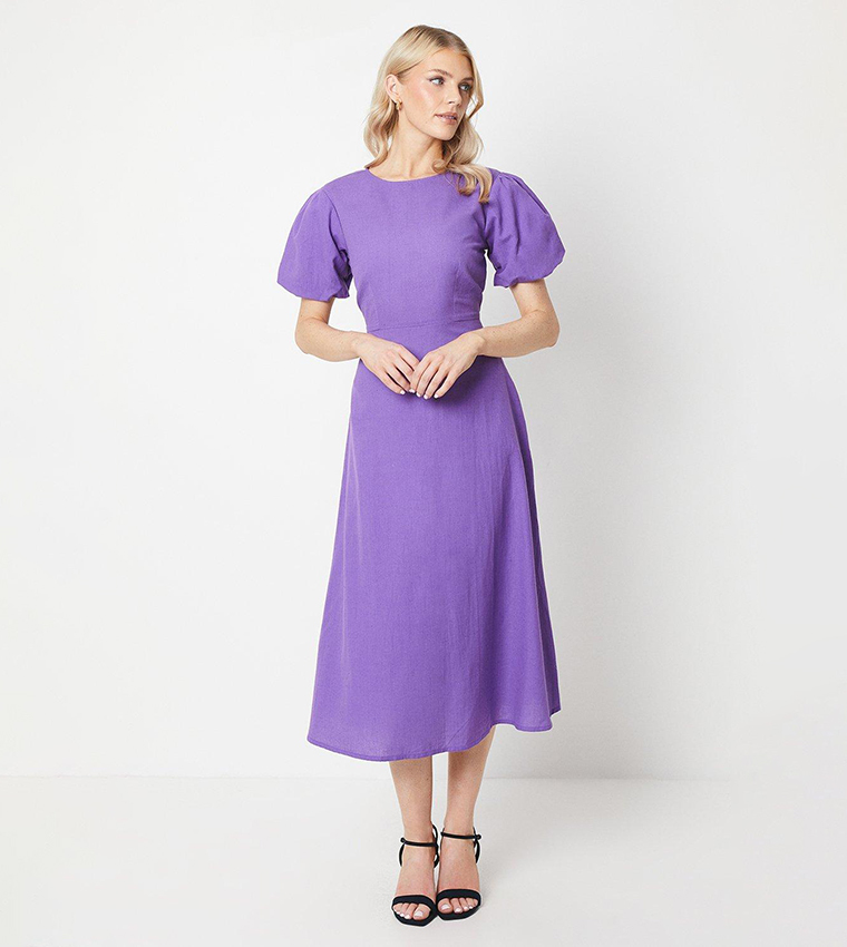 Solid Puff Sleeves Midi Dress