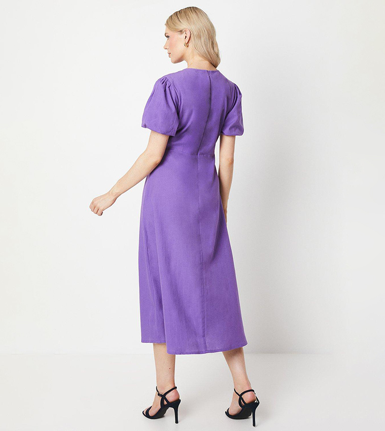 Solid Puff Sleeves Midi Dress