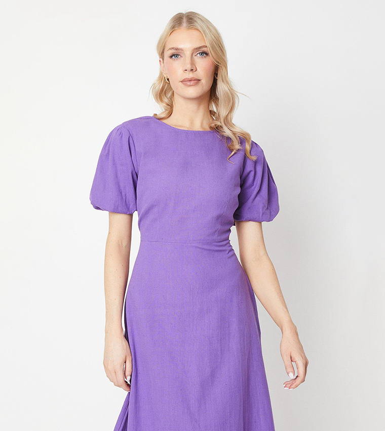 Solid Puff Sleeves Midi Dress