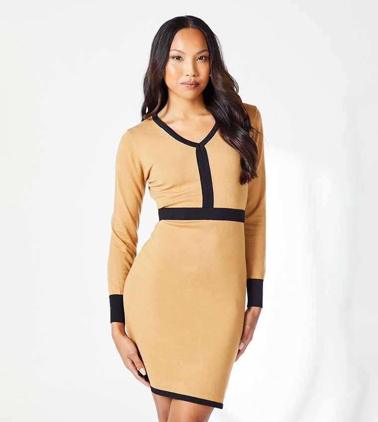 beige long sleeve dress casual Wrap Dress Plunge Neck | Beige | Sustainable Women's Clothing main image 0