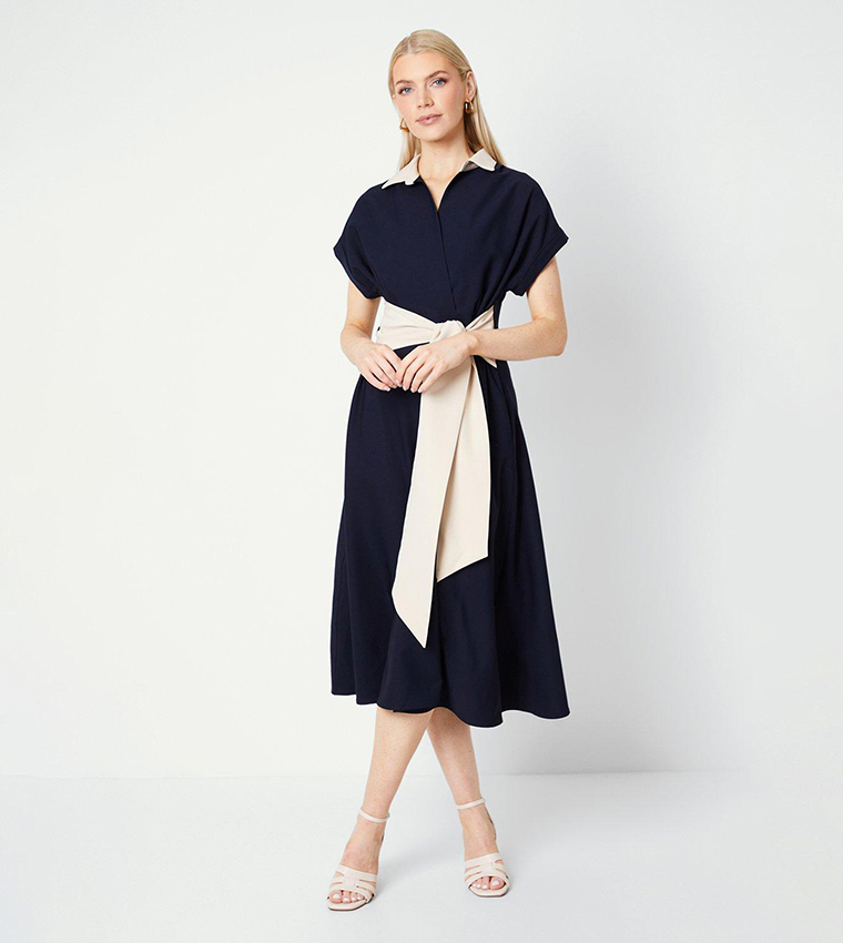 Buy Principles Contrast Collar Tie Waist Midi Dress In Navy | 6thStreet ...