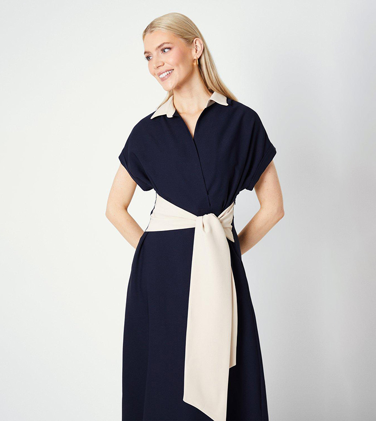 Triacetate Stand Collar Gathered Waist Midi Dress