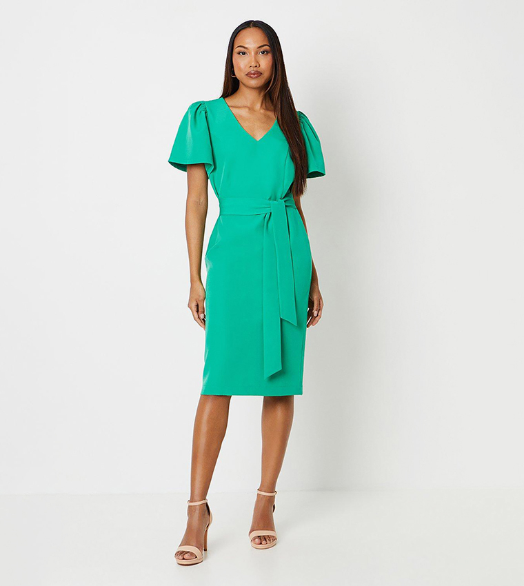 Yumi Green Fitted Midi Dress With Flute Sleeves main image 0