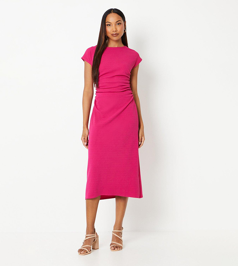 Textured Ruched Crew Neck Midi Dress