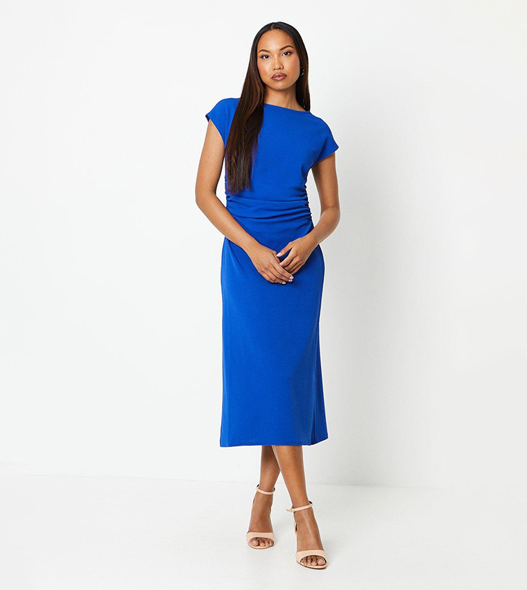 Textured Ruched Crew Neck Midi Dress