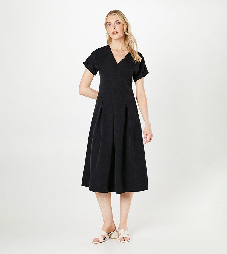 Pleated Short Sleeves Midi Dress