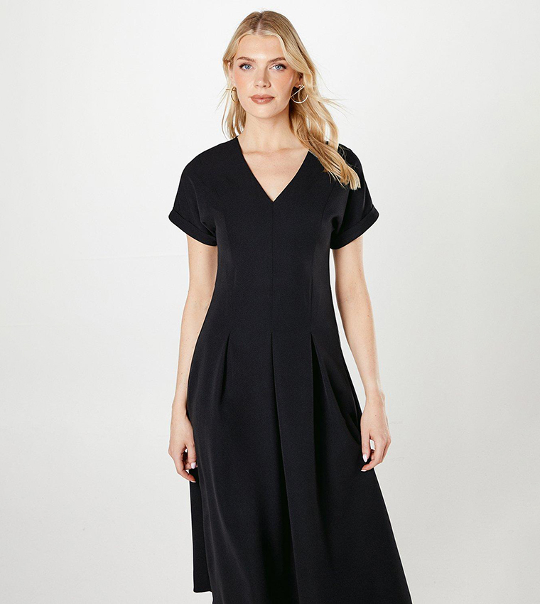 Pleated Short Sleeves Midi Dress