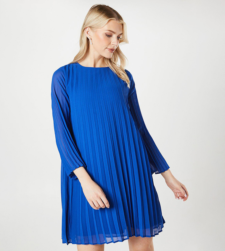 Graduated Crew Neck Pleated Mini Dress