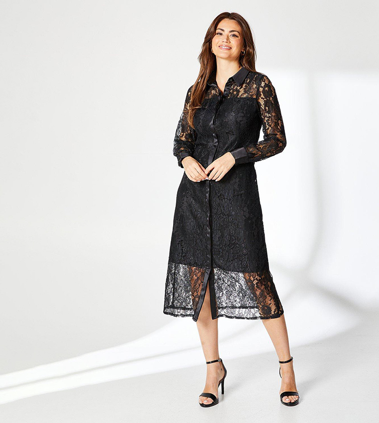 Long Sleeves Lace Shirt Midi Dress