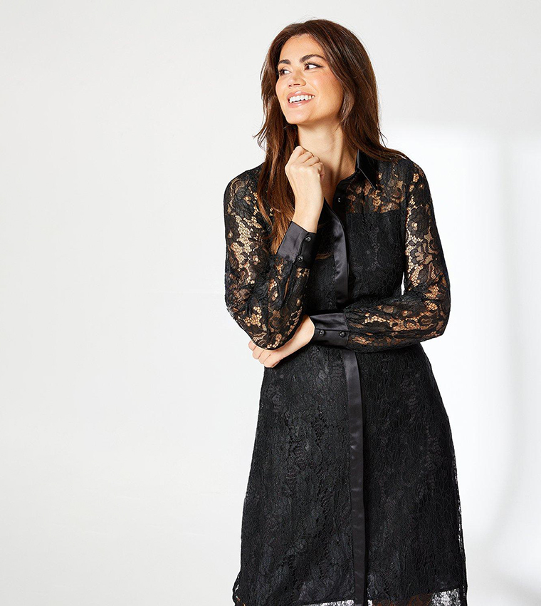 Long Sleeves Lace Shirt Midi Dress