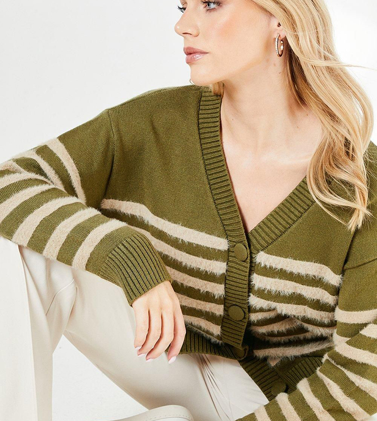 Buy Principles Striped Knitted Button Through Cardigan In Khaki