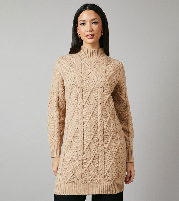 Buy Principles Cable Knit High Neck Mini Sweater Dress In Brown