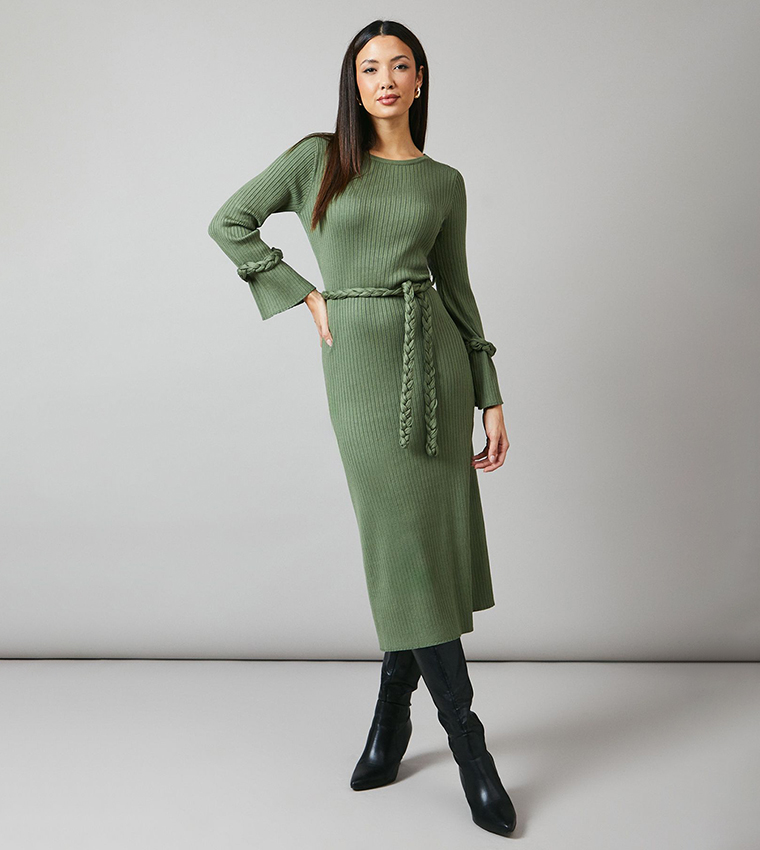 Buy Principles Plaited Ribbed Belted Midi Dress In Green | 6thstreet Qatar