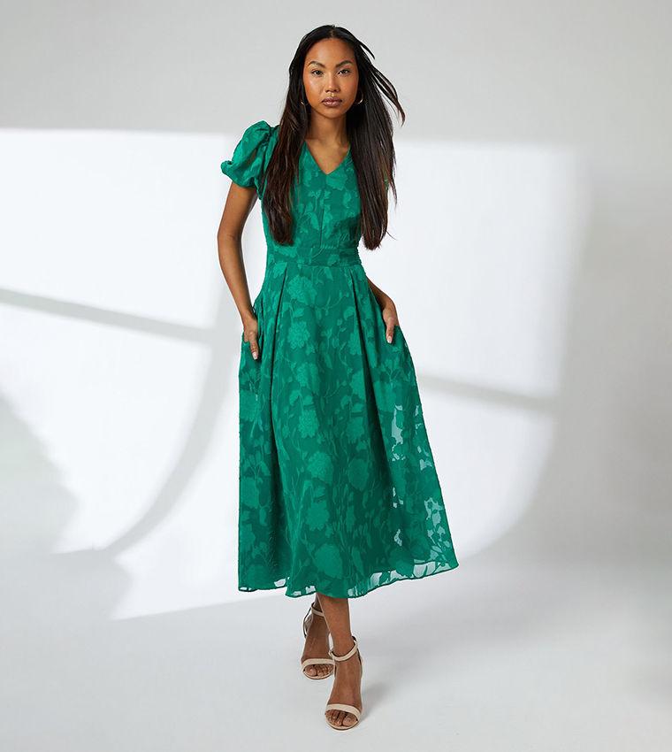 Floral Jacquard Short Sleeves Midi Dress