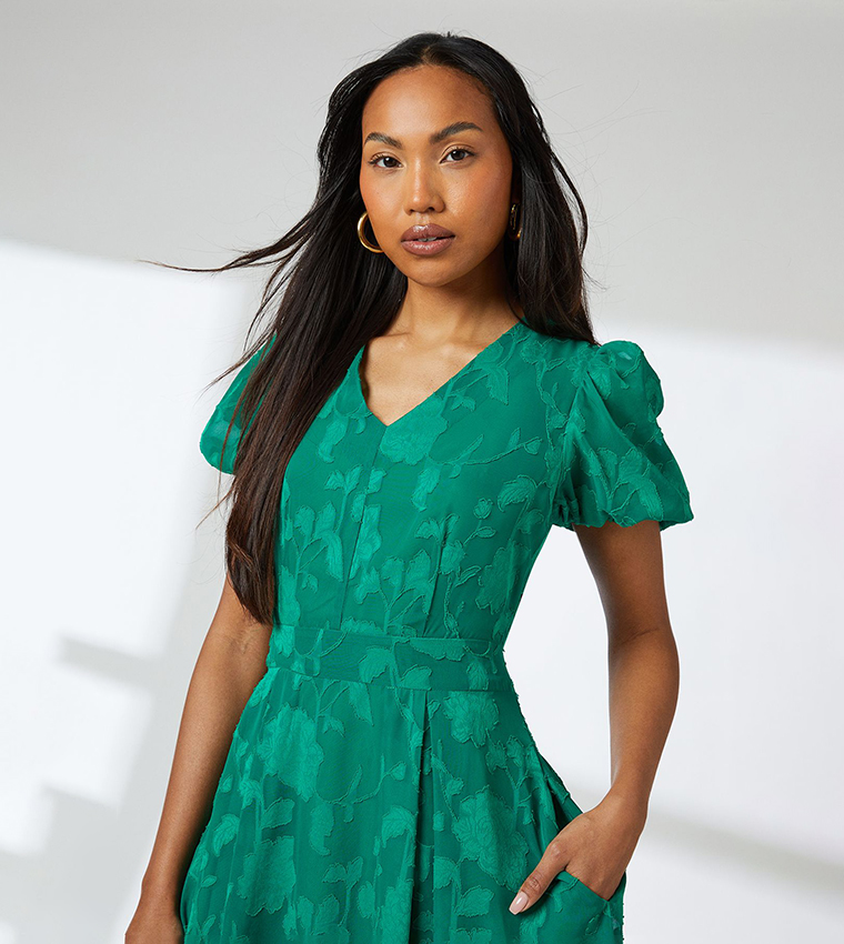 Floral Jacquard Short Sleeves Midi Dress