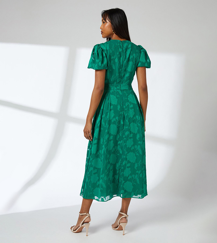 Floral Jacquard Short Sleeves Midi Dress