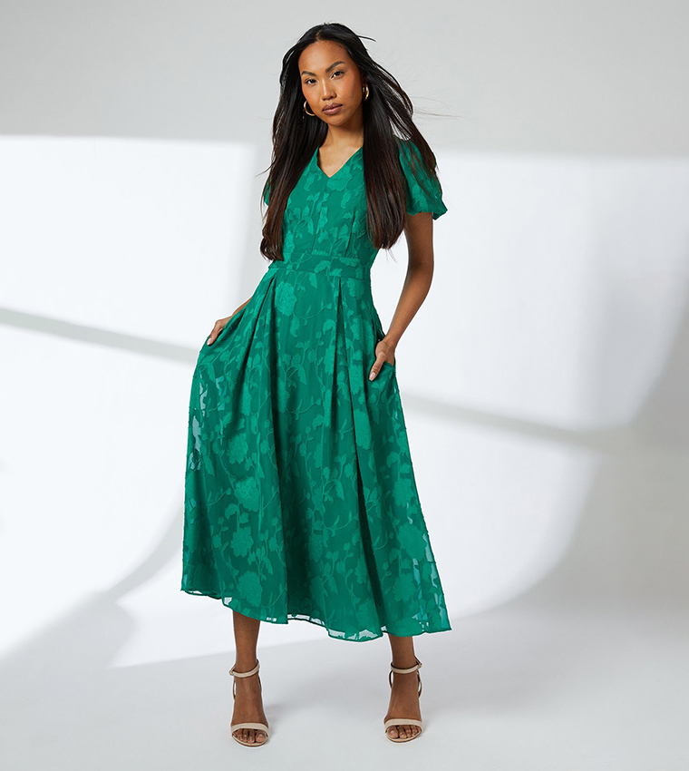Floral Jacquard Short Sleeves Midi Dress