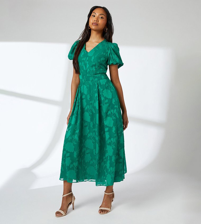 Floral Jacquard Short Sleeves Midi Dress