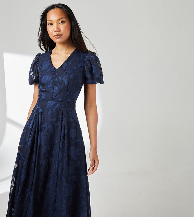 Floral Jacquard Puff Sleeves Midi Dress