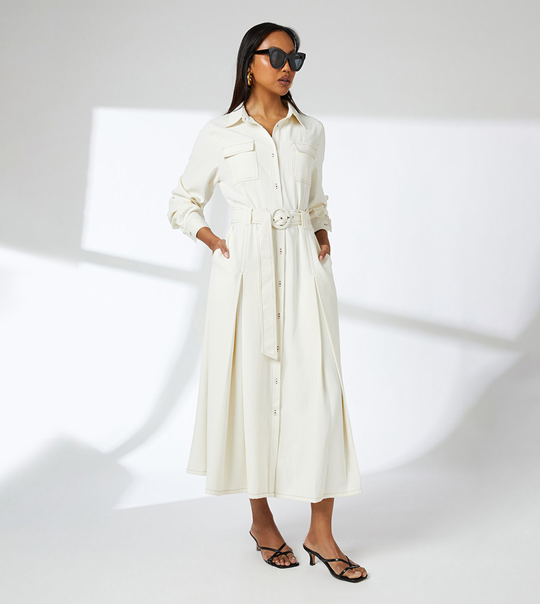 Long Sleeves Contrast Stitch Belted Midi Dress