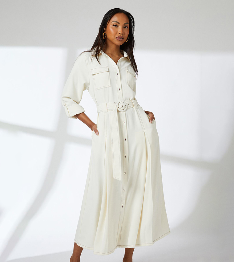 Long Sleeves Contrast Stitch Belted Midi Dress