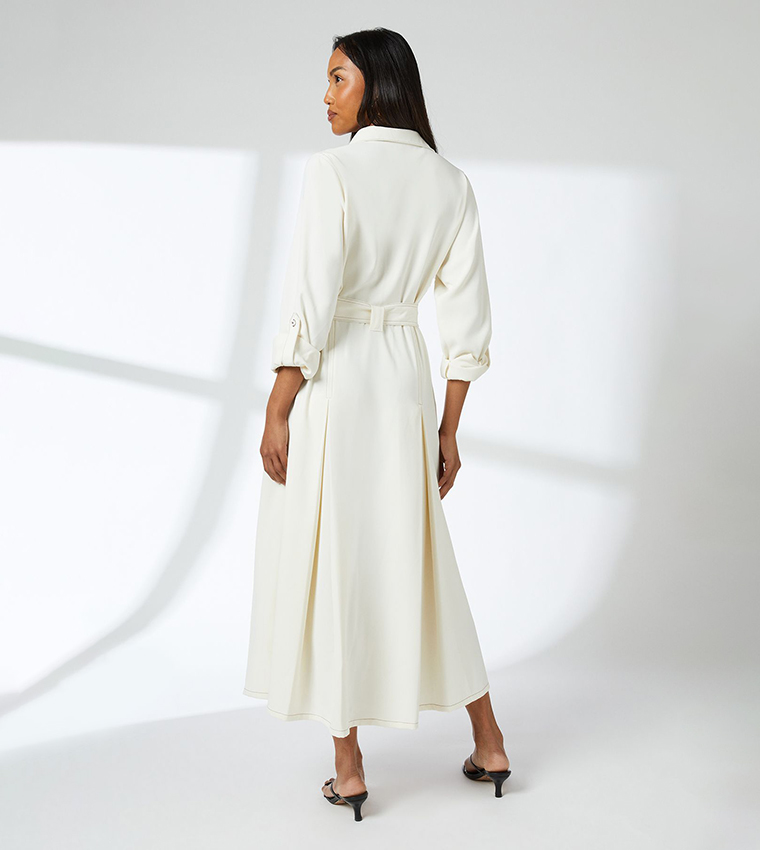 Long Sleeves Contrast Stitch Belted Midi Dress