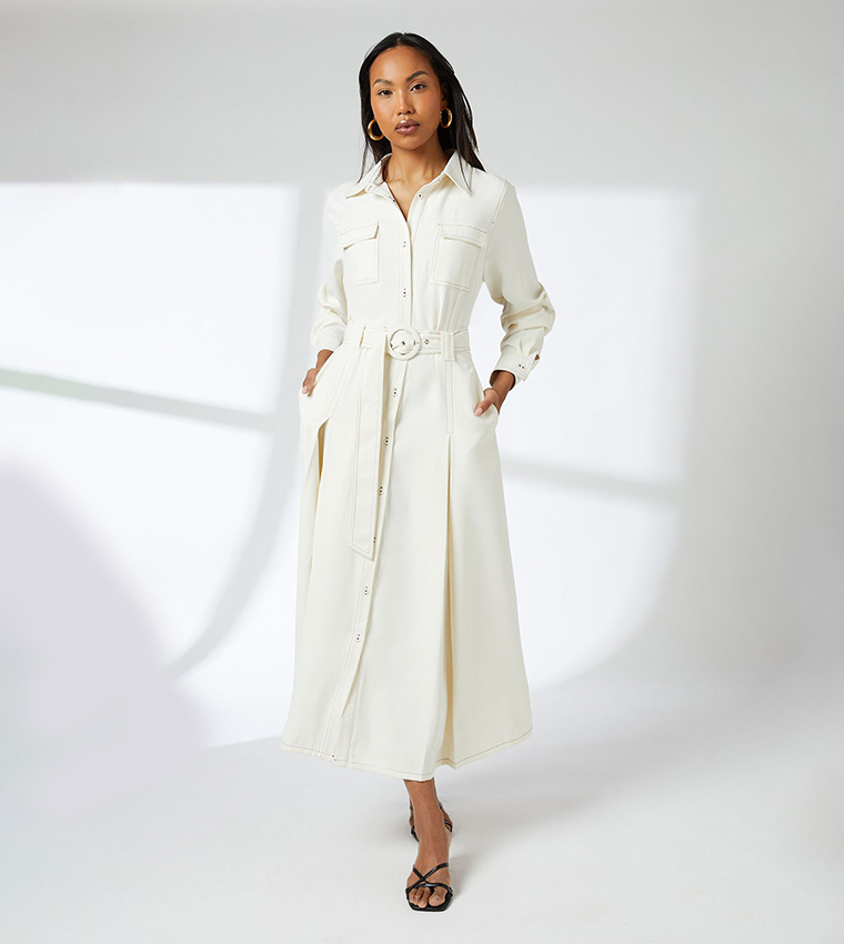 Long Sleeves Contrast Stitch Belted Midi Dress