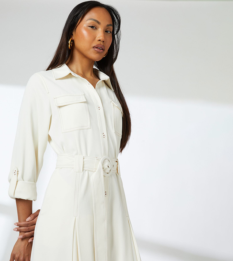 Long Sleeves Contrast Stitch Belted Midi Dress