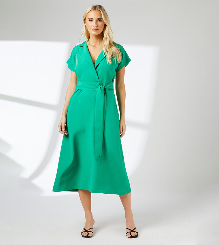 Buy Principles Belted Short Sleeves Midi Dress In Green | 6thStreet Kuwait