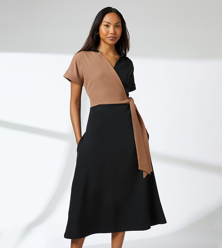 Color Block Short Sleeves Midi Dress