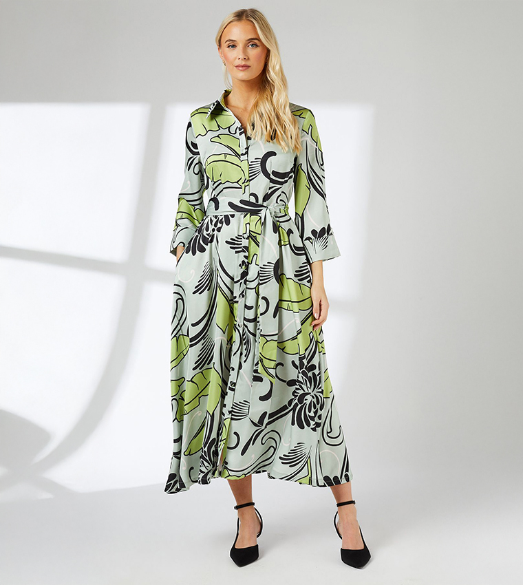 Printed Belted Shirt Midi Dress