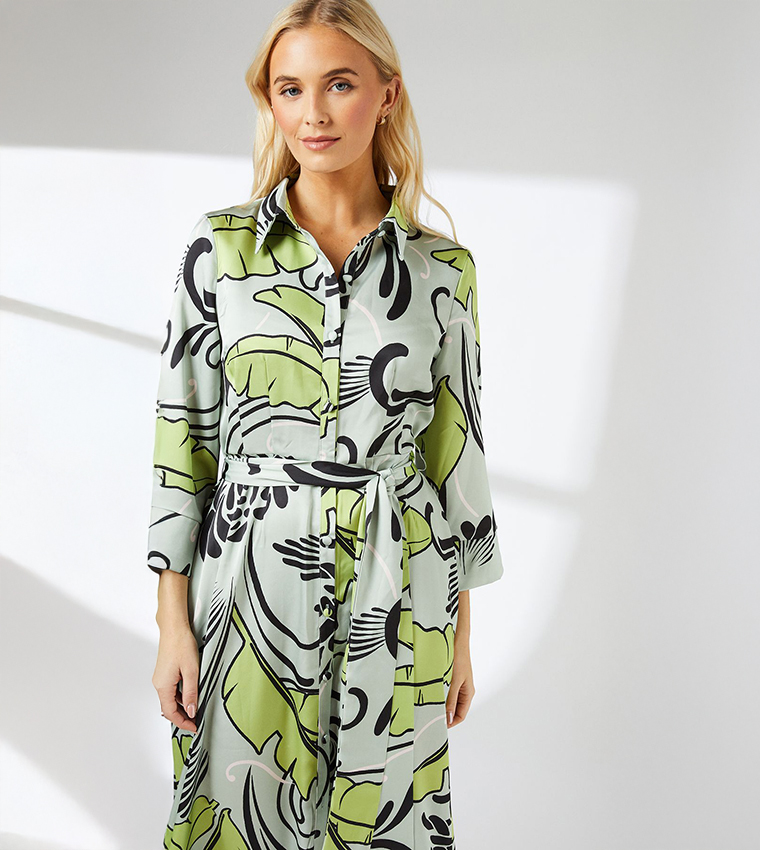 Printed Belted Shirt Midi Dress