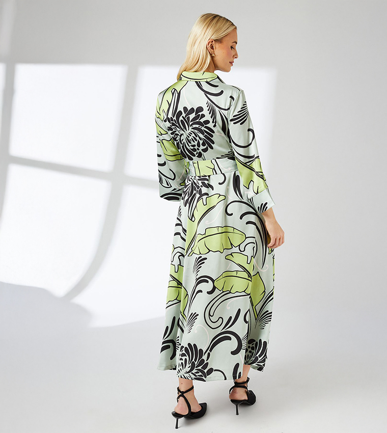 Printed Belted Shirt Midi Dress