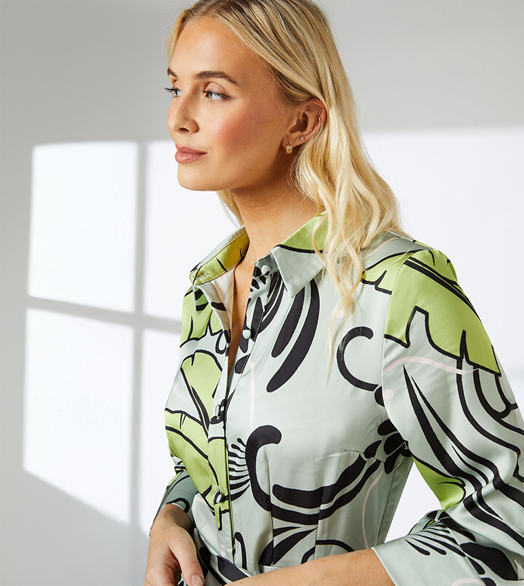 Printed Belted Shirt Midi Dress