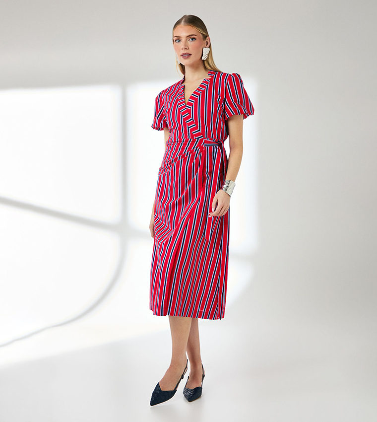 Buy Principles Striped D Ring Cotton Poplin Wrap Dress In Red | 6thstreet  Qatar