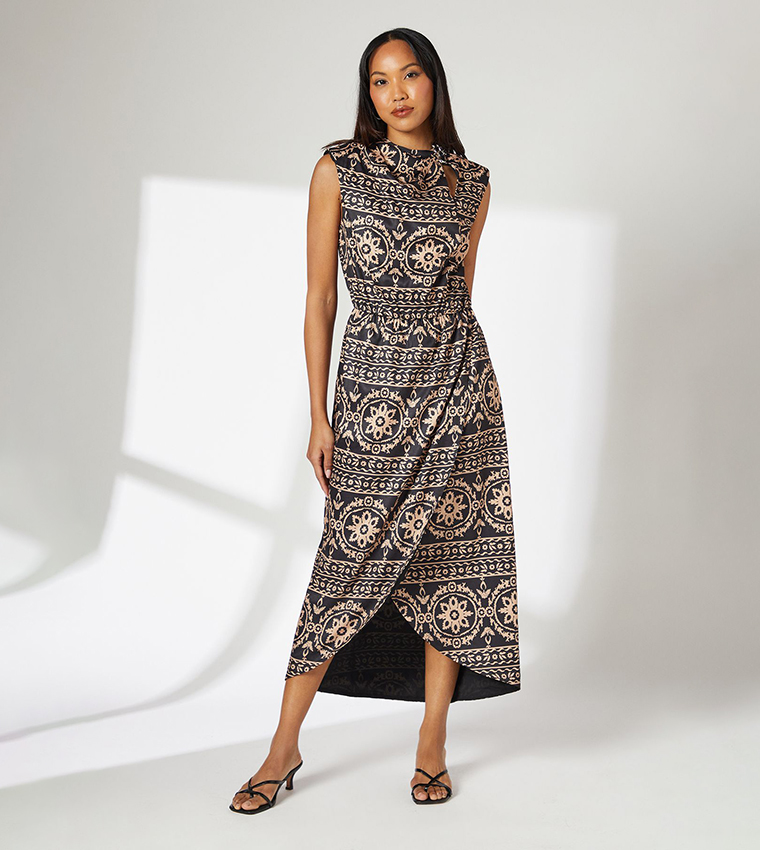 Tile Print Cowl Neck Woven Midi Dress
